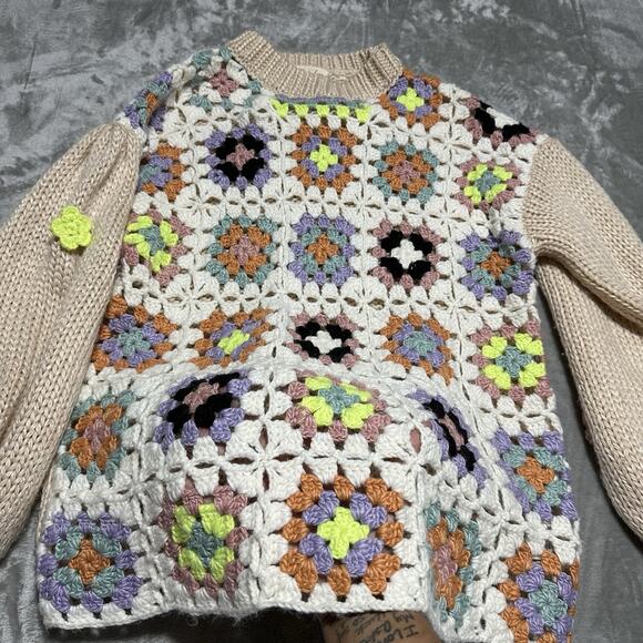 Listicle Gabbie Crochet Sweater Womens M Beige Granny Square Cottagecore Boho - Picture 5 of 11